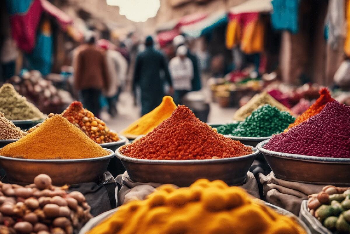 Một quầy hàng bán gia vị thường thấy tại các khu chợ địa phương ở Morocco.